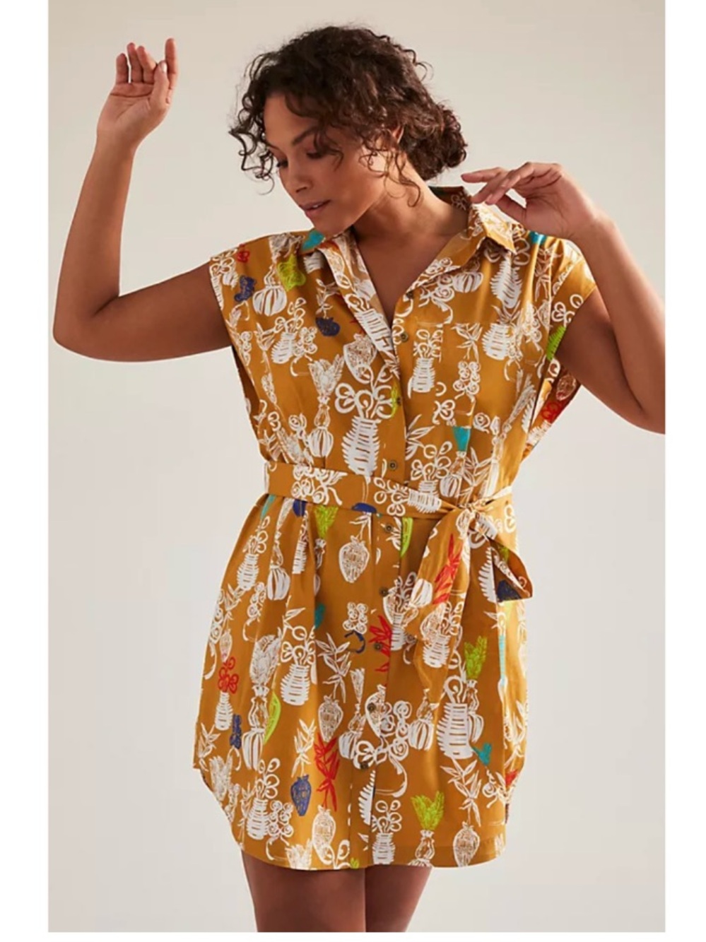 Anthropologie Maeve Toni Floral Collared Button-Up Tunic Mini Dress Yellow Small